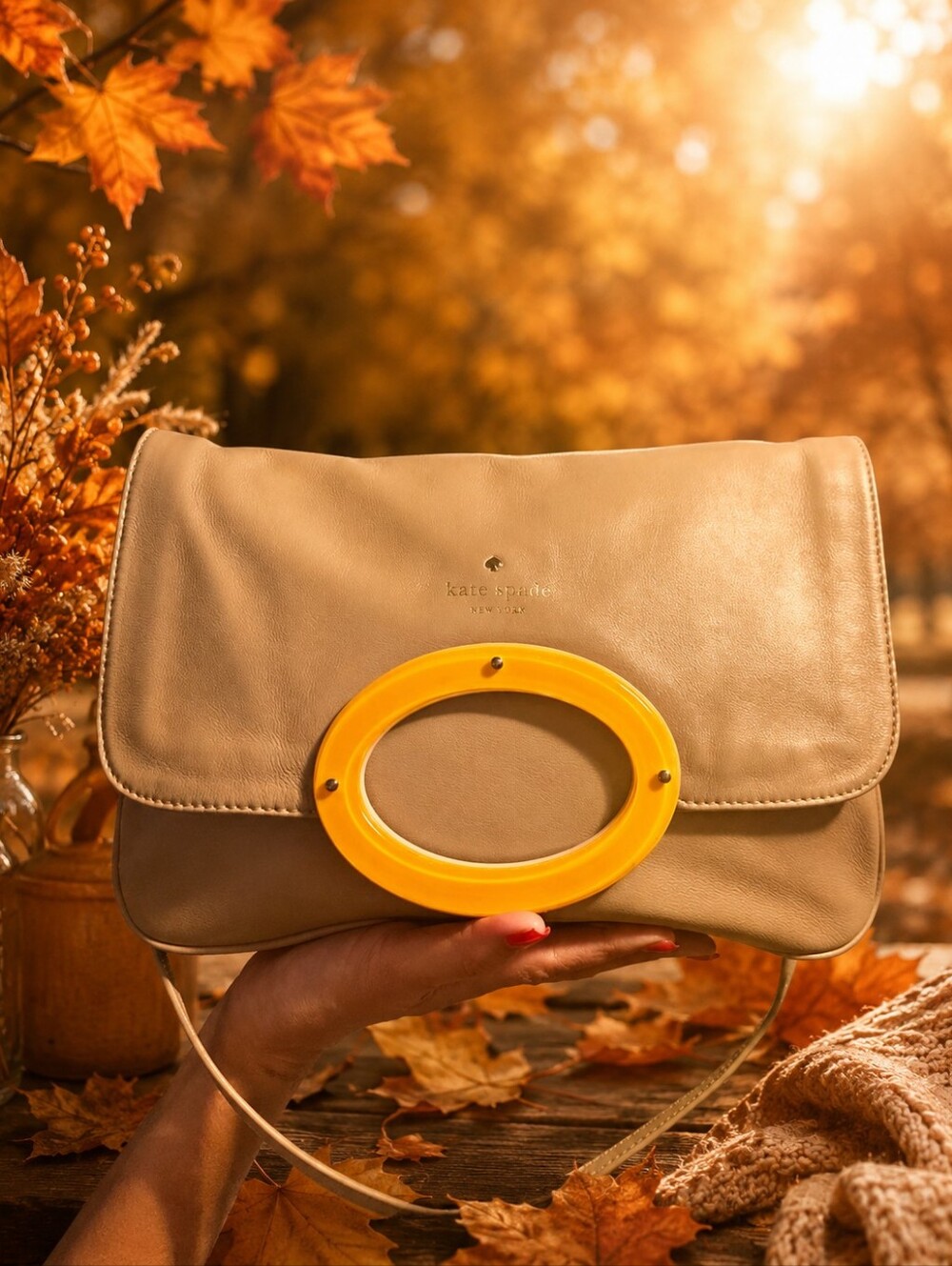Kate Spade Taupe Leather Crossbody with Yellow Accent - Picture 4 of 6